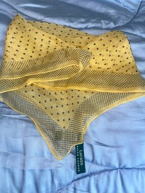 Classic vintage Ralph Lauren silk scarf yellow with purple polka dots.